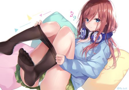 aqua eyes blush go-toubun no hanayome headphones long hair nakano miku panties pantyhose pink hair sakura honoka skirt underwear undressing