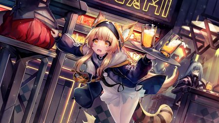 animal ears blonde hair blue eyes dk senie dress drink fang gray hair long hair original panties skirt tail tears underwear yellow eyes