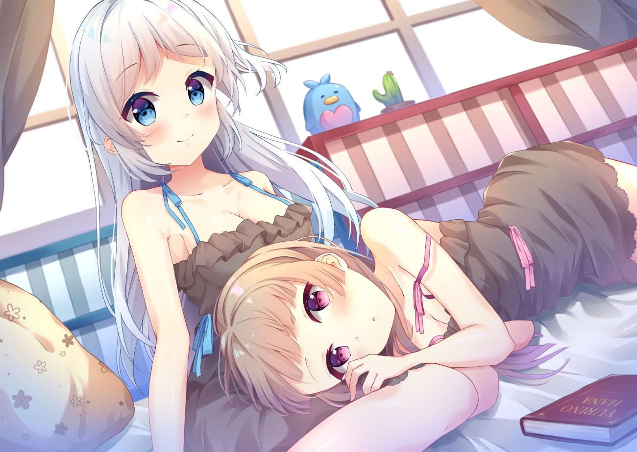 2girls bed blue eyes blush book breasts brown hair cleavage dress long hair original purple eyes summer dress torokeru none white hair
