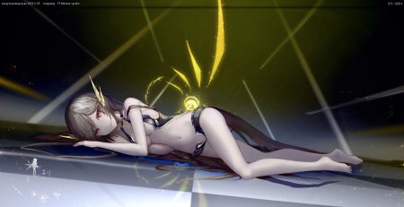 barefoot brown hair hc jpeg artifacts long hair navel original red eyes shorts watermark
