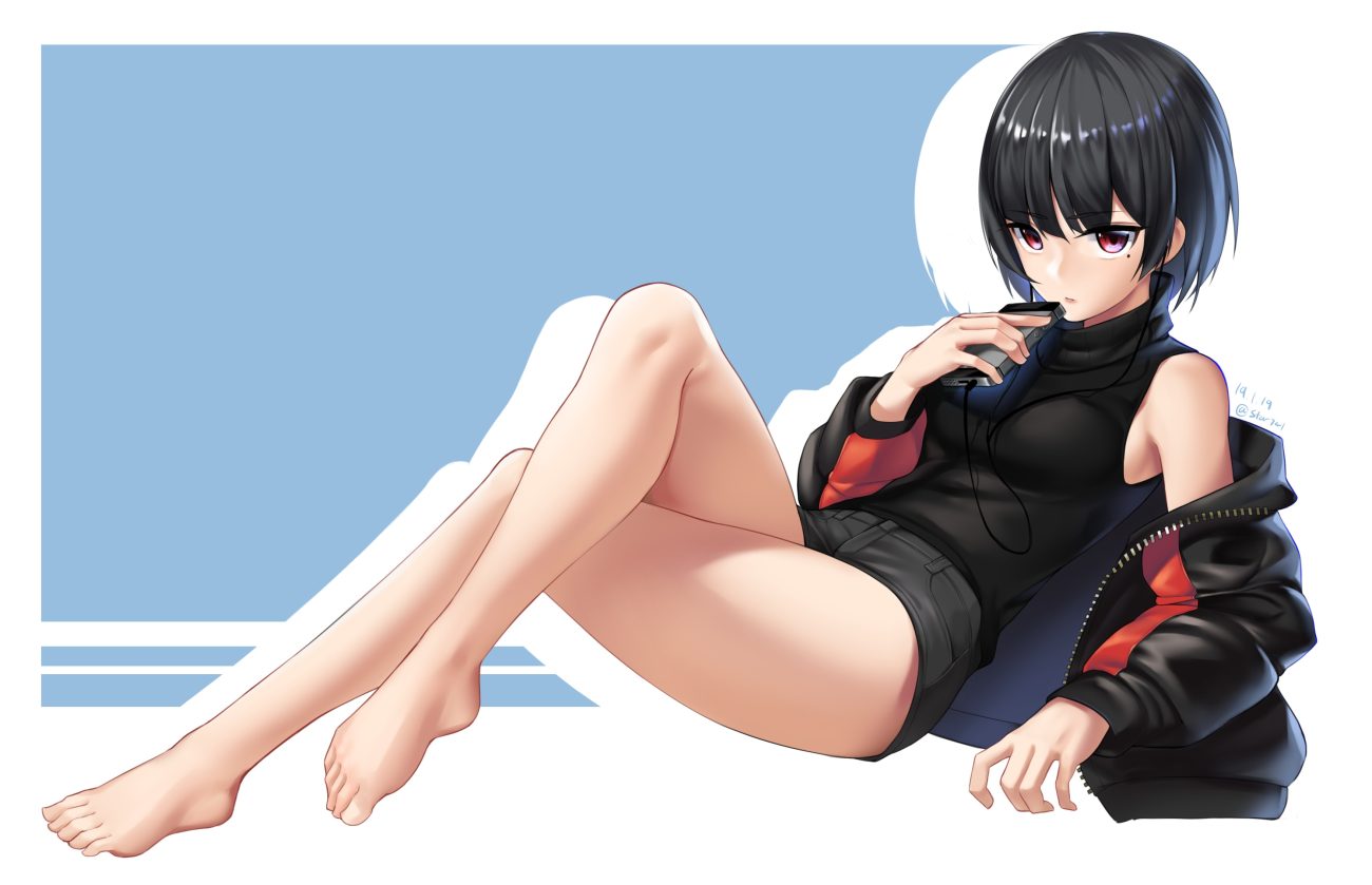 barefoot black hair headphones original phone red eyes short hair shorts signed tagme (artist)