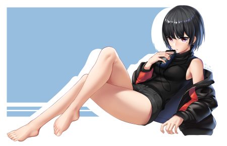 barefoot black hair headphones original phone red eyes short hair shorts signed tagme (artist)