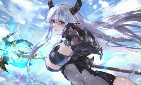 clouds epic7 horns long hair luna (epic7) orange eyes pointed ears sky vardan weapon white hair