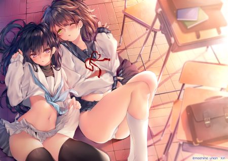 2girls black hair blush brown hair green eyes long hair navel original panties purple eyes school uniform short hair skirt skirt lift thighhighs underwear watermark wink xin (moehime)