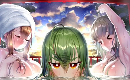 anthropomorphism black hair blush brown hair clouds flower knight girl green hair leaf lsd long hair mint (flower knight girl) nude sky touka (flower knight girl) towel water wet yomogi (flower knight girl)