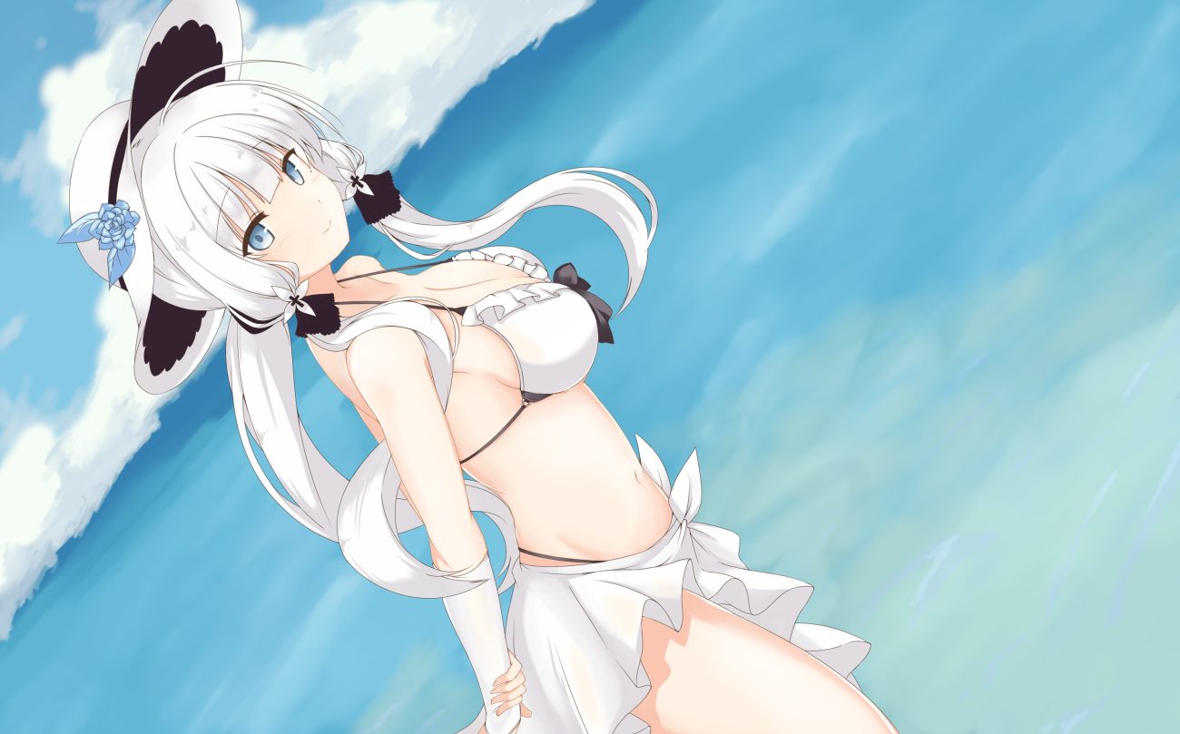anthropomorphism azur lane bikini blue eyes blush breasts cleavage elbow gloves gloves hat illustrious (azur lane) long hair mamizu navel ponytail ribbons sky swimsuit water white hair