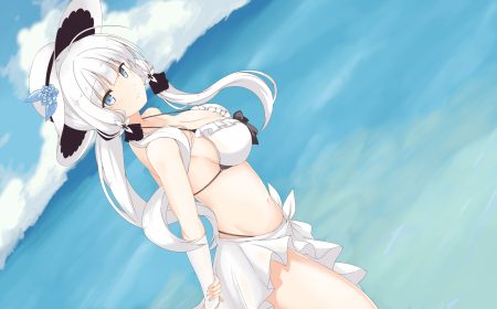 anthropomorphism azur lane bikini blue eyes blush breasts cleavage elbow gloves gloves hat illustrious (azur lane) long hair mamizu navel ponytail ribbons sky swimsuit water white hair