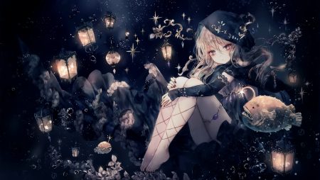 animal barefoot blonde hair bubbles cape cropped dark dress fish hood long hair onineko original scan underwater water