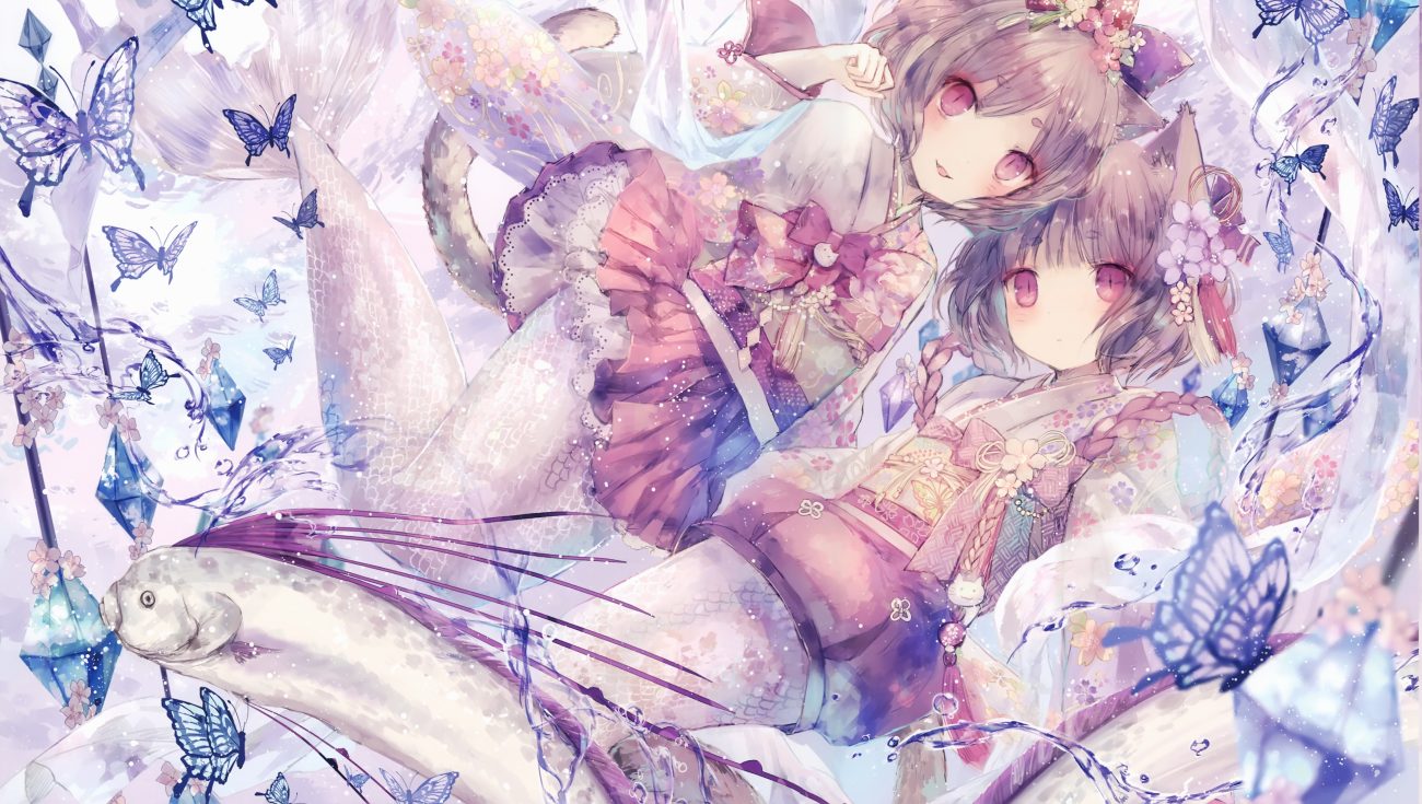 2girls animal animal ears brown hair butterfly catgirl cropped fish japanese clothes kimono mermaid onineko original red eyes scan short hair tail