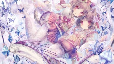 2girls animal animal ears brown hair butterfly catgirl cropped fish japanese clothes kimono mermaid onineko original red eyes scan short hair tail