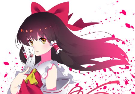 bow brown eyes brown hair hakurei reimu japanese clothes long hair miko ofuda petals sarashi touhou underwear white yuujin (mhhnp306)