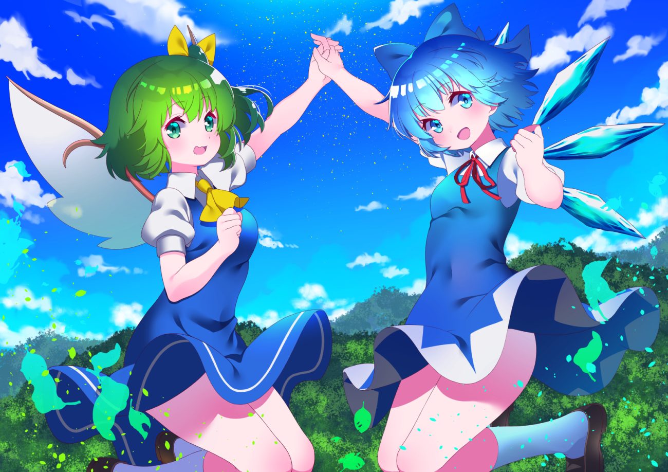 2girls aqua eyes aqua hair bow cirno clouds daiyousei dress fairy green eyes green hair kneehighs leaves short hair sky touhou tree wings yuujin (mhhnp306)