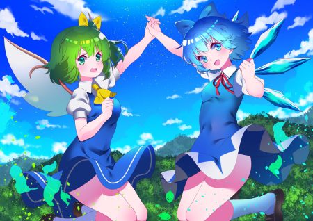 2girls aqua eyes aqua hair bow cirno clouds daiyousei dress fairy green eyes green hair kneehighs leaves short hair sky touhou tree wings yuujin (mhhnp306)