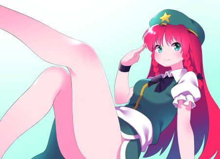 bow braids dress gradient green eyes hat hong meiling long hair red hair touhou wristwear yuujin (mhhnp306)