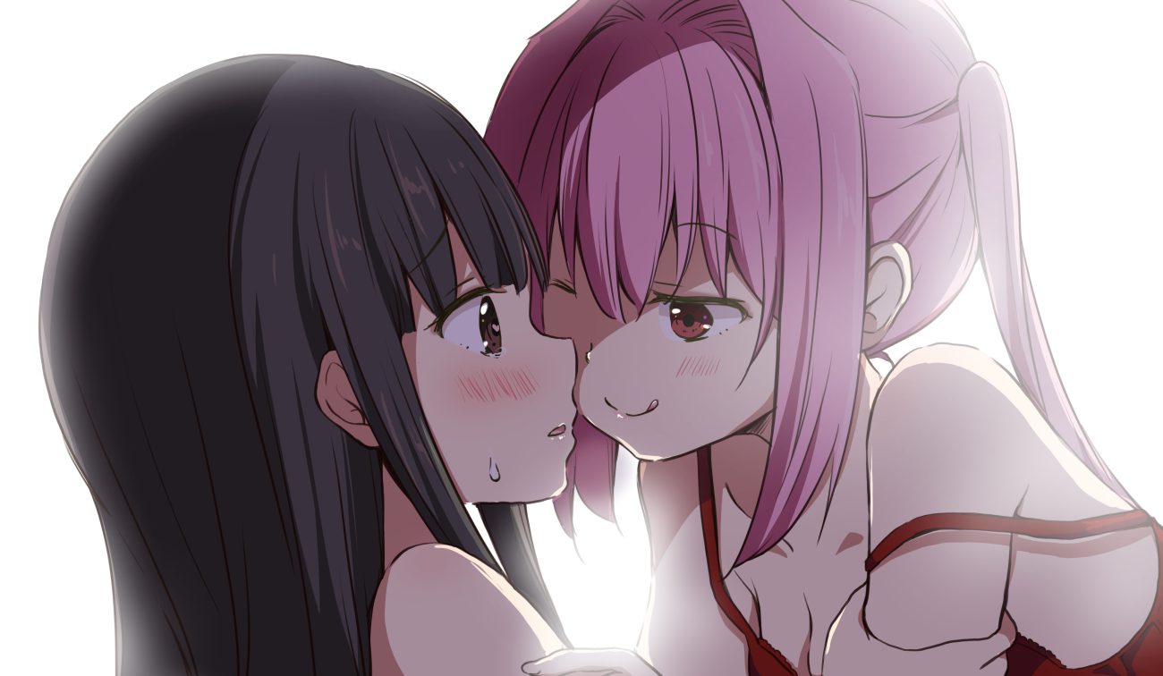 2girls black hair blush breasts brown eyes chijou noko chikanoko cleavage close long hair pink hair ragho no erika red eyes shoujo ai tears tsugou makina twintails wink
