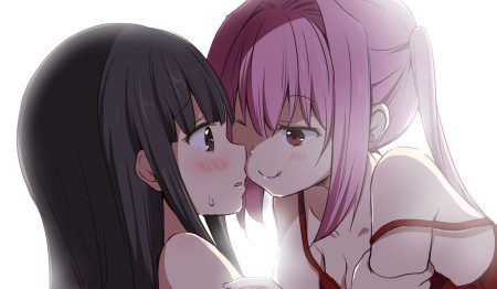 2girls black hair blush breasts brown eyes chijou noko chikanoko cleavage close long hair pink hair ragho no erika red eyes shoujo ai tears tsugou makina twintails wink