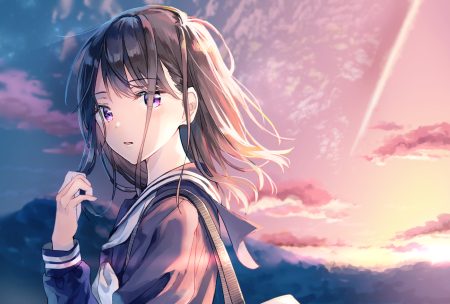 blush brown hair close clouds original purple eyes school uniform short hair sky sunset suzumi konbu