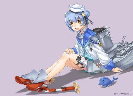 anthropomorphism blue hair boots fang gray hat kantai collection samuel b. roberts (kancolle) satsuki harunobu school uniform short hair signed yellow eyes