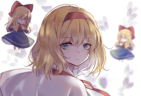 alice margatroid aqua eyes blonde hair cape close doll headband shanghai doll short hair toriki touhou