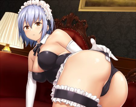 ass bed bodysuit brown eyes cameltoe couch elbow gloves garter gloves maid original panties sawada yuusuke short hair underwear white hair