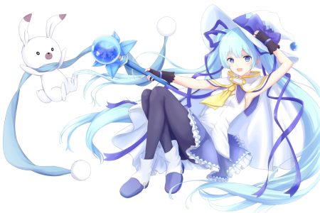 animal blue eyes blue hair hatsune miku long hair rabbit twintails vocaloid wand white yuki miku yukine (vocaloid) yuzuaji