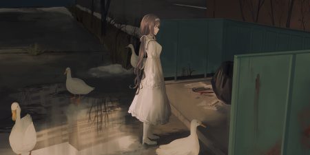 animal bird boots brown hair chihuri405 dress duck gloves grass headband lena (chihuri) long hair night original snow winter