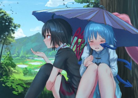 2girls animal bird black hair blue hair clouds grass houjuu nue landscape red eyes roke (taikodon) scenic short hair sky tatara kogasa tears thighhighs touhou tree umbrella wings
