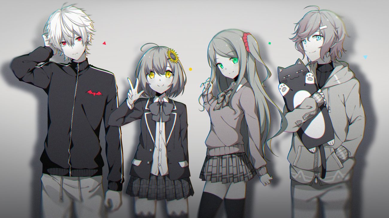 akabane youko aqua eyes flowers gray gray hair green eyes group honma himawari hood kanae (nijisanji) kuzuha (nijisanji) long hair male nijisanji polychromatic ponytail red eyes school uniform short hair skirt taiyaki (artist) thighhighs vampire white hair yellow eyes zettai ryouiki
