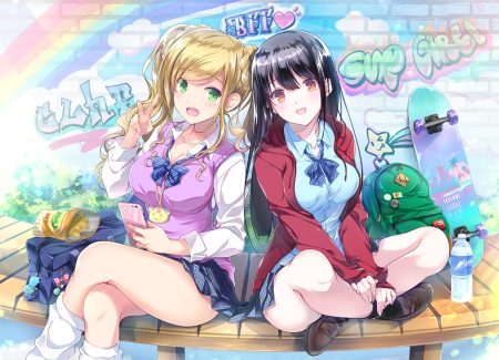 2girls black hair blonde hair breasts cleavage drink graffiti green eyes hood long hair necklace orange eyes original phone satou satoru school uniform skirt socks twintails