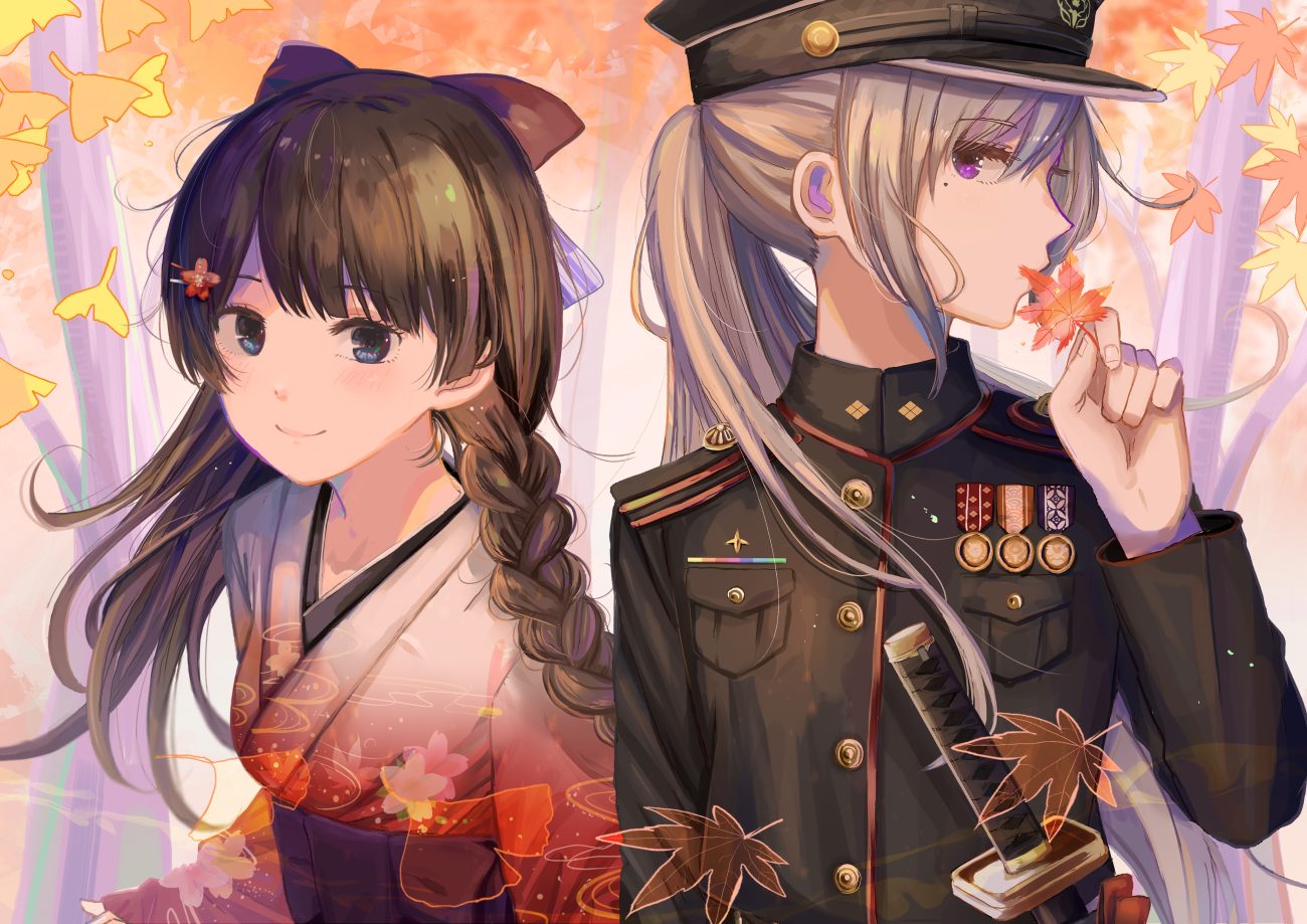 2girls autumn blue eyes blush bow braids brown hair forest gray hair hat higuchi kaede ibuki (ibuki0118) japanese clothes katana kimono leaves long hair military nijisanji ponytail purple eyes sword tree tsukino mito uniform weapon