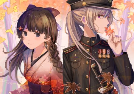 2girls autumn blue eyes blush bow braids brown hair forest gray hair hat higuchi kaede ibuki (ibuki0118) japanese clothes katana kimono leaves long hair military nijisanji ponytail purple eyes sword tree tsukino mito uniform weapon
