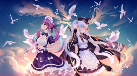 2girls aaeru animal apron bird bow braids cape clouds dress gloves hat headdress hololive kagura gumi kagura mea long hair maid minato aqua purple eyes purple hair sky stars twintails white hair wristwear
