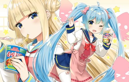 2girls apron aqua hair blonde hair blue eyes blush bow fang food jpeg artifacts loli long hair original school uniform skirt sky (freedom) thighhighs twintails wink