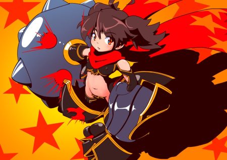 brown hair erect nipples feconf loli long hair navel orange eyes scarf sennen sensou aigis tagme (character) thighhighs twintails weapon