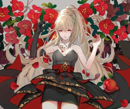 blonde hair braids dino (trexsilence) dress elbow gloves flowers gloves japanese clothes long hair pointed ears ponytail red eyes seven knights