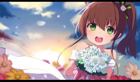 brown hair close clouds flowers green eyes hololive loli long hair natsuiro matsuri okota mikan ponytail sky