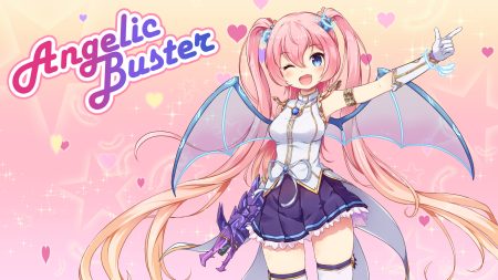 angelic buster blush elbow gloves fang gloves gun heart long hair maplestory nekono rin pink hair skirt thighhighs twintails weapon wings wink zettai ryouiki
