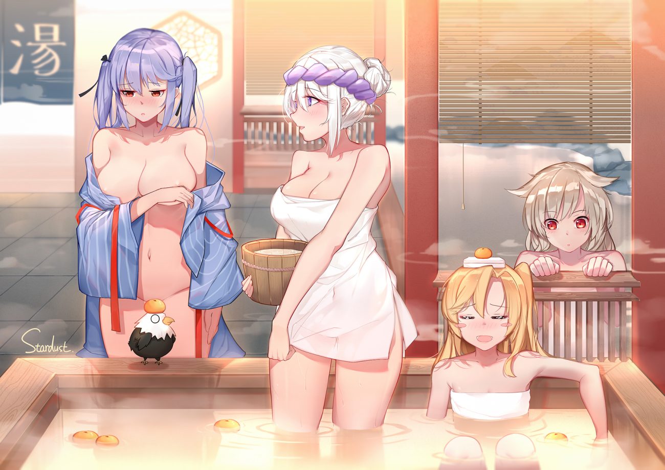 animal anthropomorphism azur lane bath bathtub bird blonde hair blue hair blush breast hold breasts cleavage cleveland (azur lane) enterprise (azur lane) essex (azur lane) food fruit group headdress japanese clothes long hair montpelier (azur lane) navel orange eyes orange (fruit) ponytail purple eyes red eyes see through signed stardust (chen'ai weiding) towel twintails undressing water wet white hair yukata