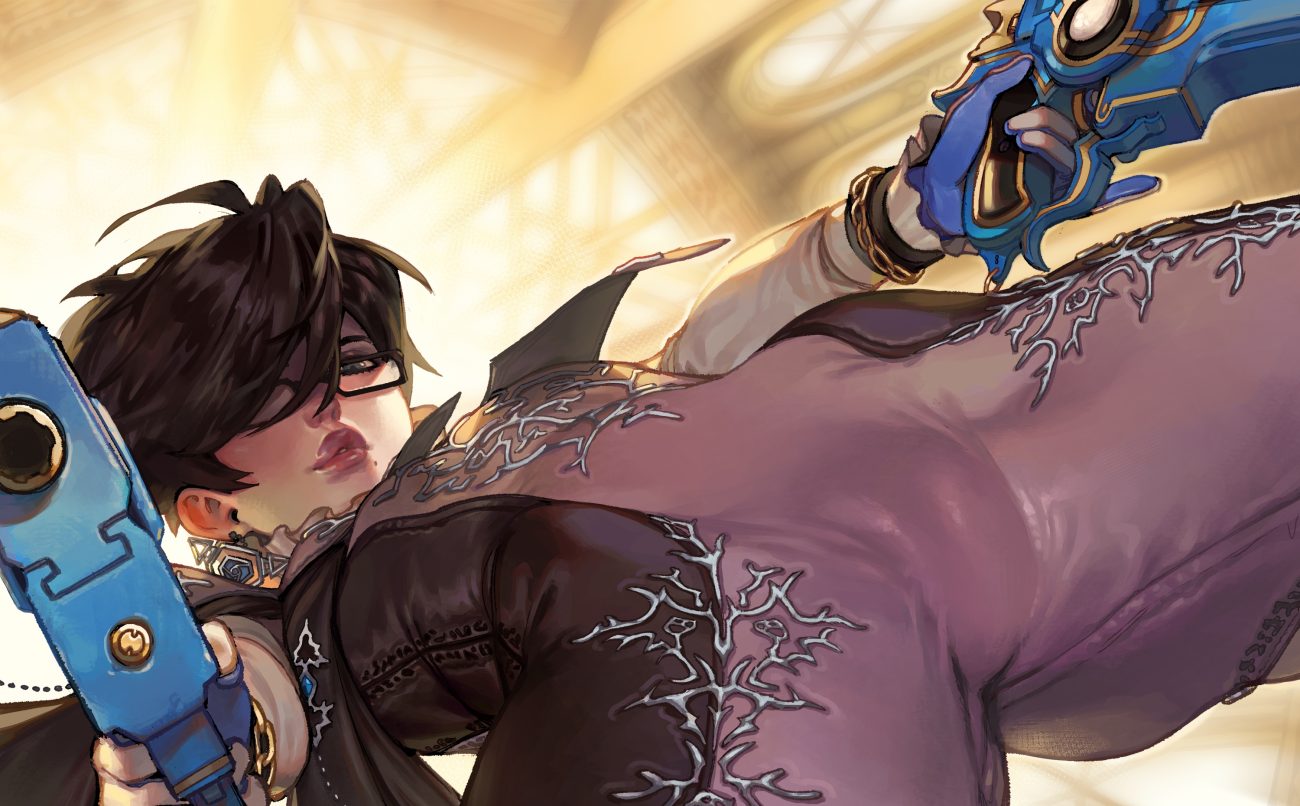 bayonetta bayonetta (character) black hair bodysuit cameltoe close glasses gloss gloves gray eyes gun short hair skintight weapon