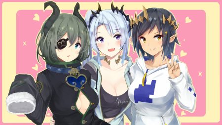 black hair blush breasts cleavage collar demon eyepatch fang gray hair green eyes headdress honey strap hood horns irohasu long hair open shirt pointed ears ponytail purple eyes sekishiro mico shimamura charlotte short hair sougetsu eli yellow eyes