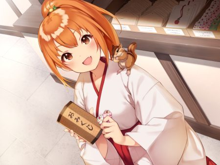 animal blush brown eyes fang japanese clothes long hair miko orange hair original pokachu ponytail