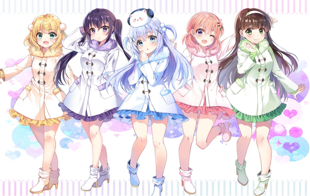animal aqua eyes black hair blonde hair blue hair boots brown hair chocho (homelessfox) dress gochuumon wa usagi desu ka? green eyes group headband hoto cocoa kafuu chino kirima sharo long hair orange hair purple eyes rabbit short hair tedeza rize tippy (gochiusa) twintails ujimatsu chiya waifu2x wink