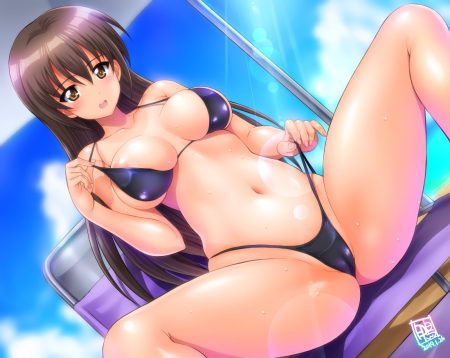 beach bikini breasts brown eyes brown hair cameltoe clouds kamogawa tanuki long hair navel nipples original signed sky spread legs swimsuit