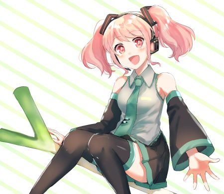 aliasing bang dream! blush cosplay headphones komachi narota leek long hair maruyama aya microphone pink eyes pink hair skirt thighhighs tie twintails vocaloid