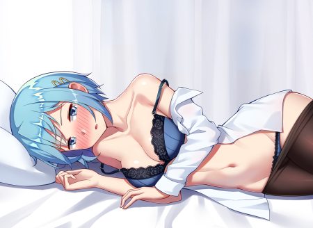 blue eyes blue hair blush bra breasts cleavage du mogu mahou shoujo madoka magica miki sayaka navel panties pantyhose short hair underwear