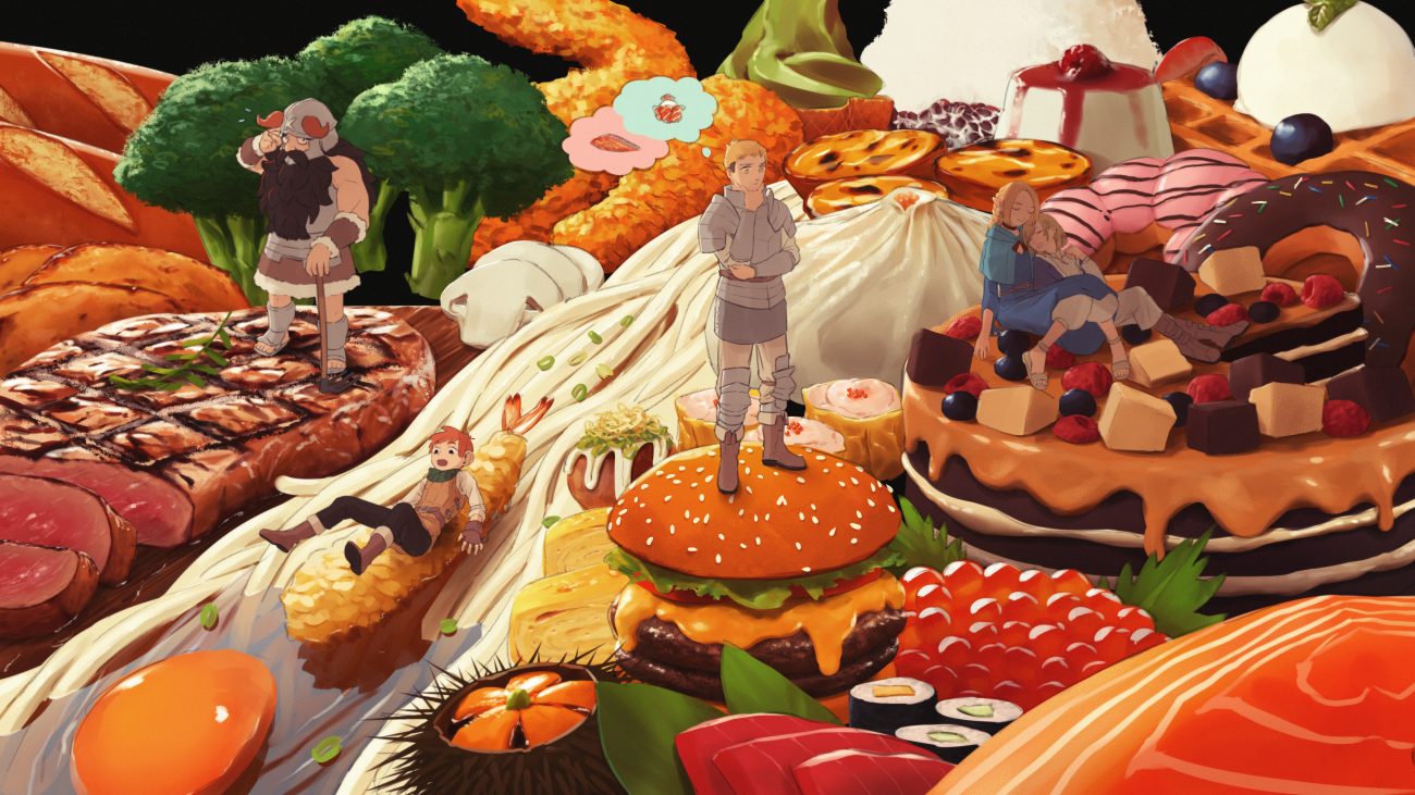 0x3 armor blonde hair boots braids brown hair cake candy cape chilchuck tims chocolate dungeon meshi falin touden food fruit gloves group hood horns ice cream laios touden long hair male marcille donato orange hair pointed ears ponytail scarf senshi (dungeon meshi) short hair yellow eyes