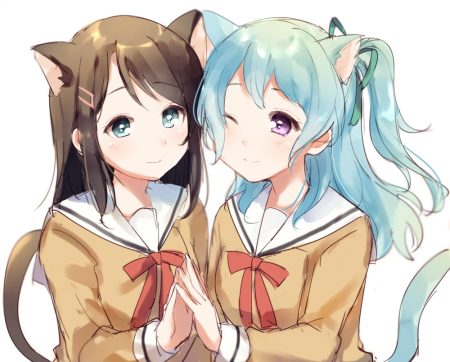 2girls animal ears aqua hair bang dream! bow brown hair catgirl green eyes komachi narota long hair matsubara kanon okusawa misaki ponytail purple eyes school uniform shoujo ai sketch tail white wink