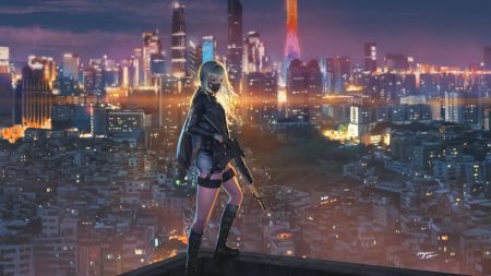 an94 (girls frontline) anthropomorphism boots building city clouds girls frontline gun long hair mask scenic shorts signed sky wayne chan weapon white hair