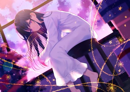 achiki barefoot black hair cage clouds dress long hair original purple eyes sky