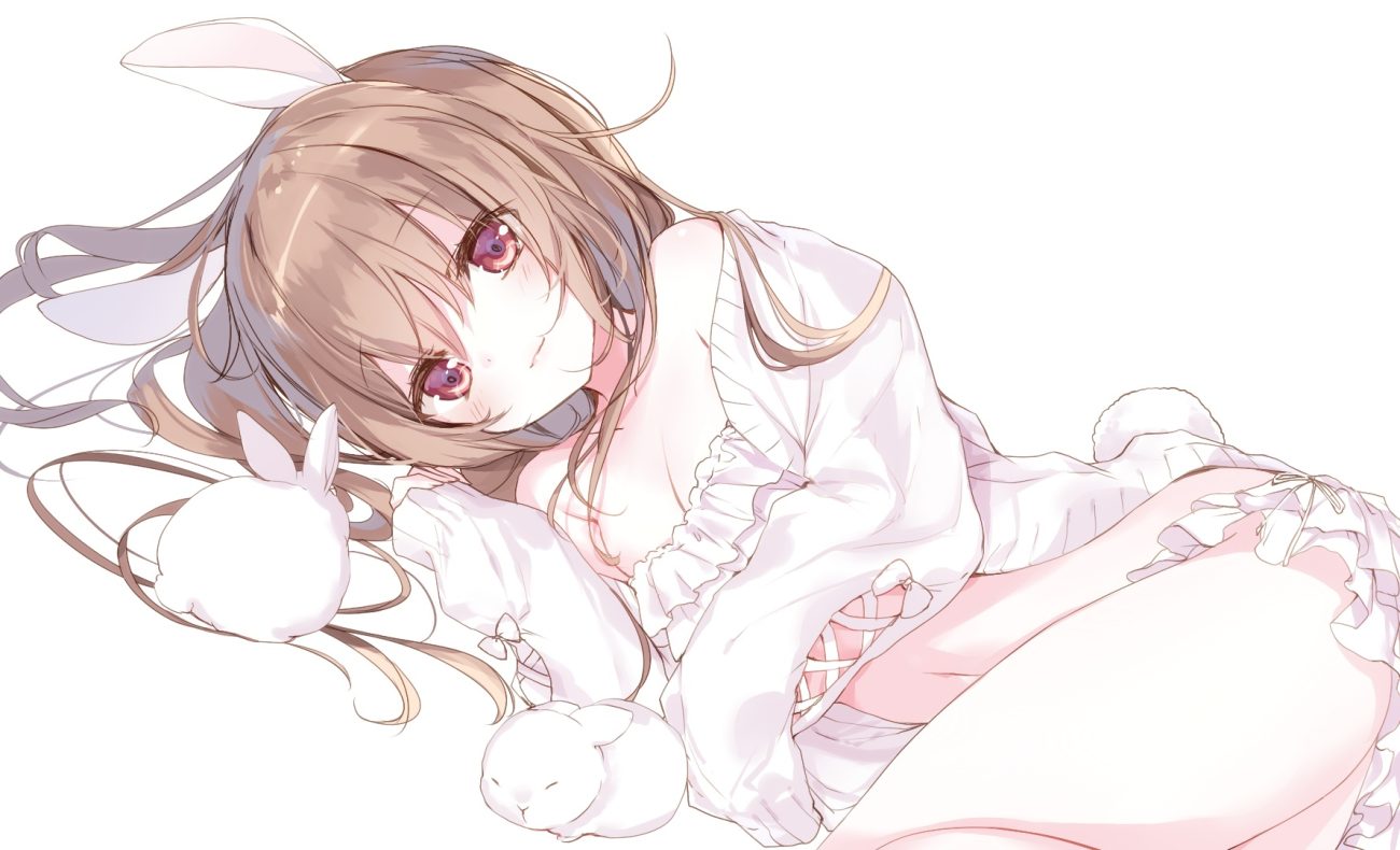 animal animal ears breasts brown hair bunny ears bunnygirl cleavage emia (castilla) navel original rabbit red eyes skirt tail